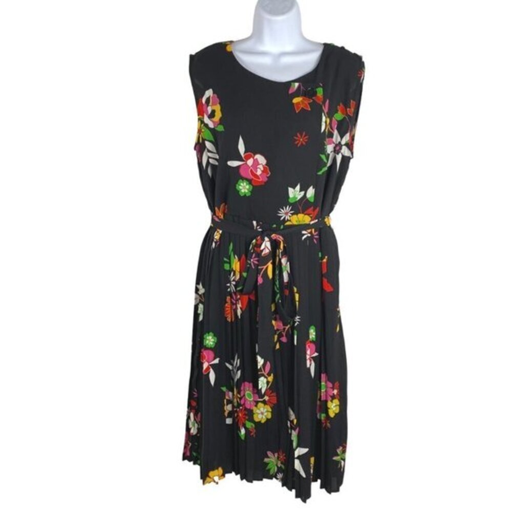 Modcloth Black Floral Pleated Midi Dress with Tie Belt